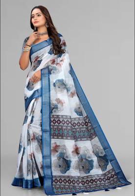 white  linen  digital print saree (white) 3