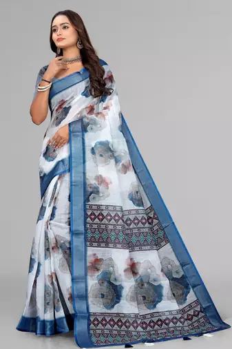 white  linen  digital print saree (white)