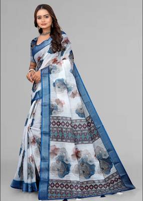 white  linen  digital print saree (white) 4