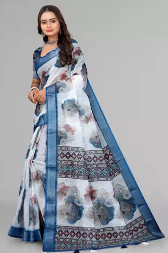 white  linen  digital print saree (white)