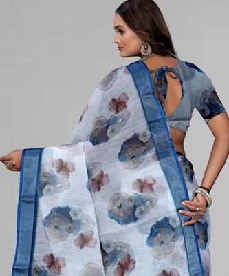 white  linen  digital print saree (white) 5