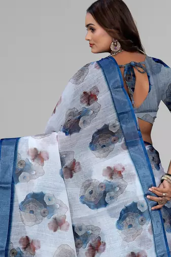 white  linen  digital print saree (white)