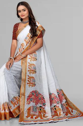 white  linen animal digital print saree (yellow)