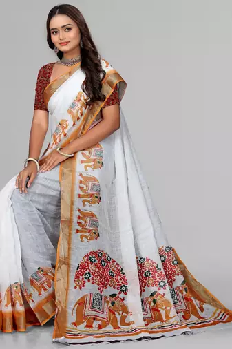 white  linen animal digital print saree (yellow)