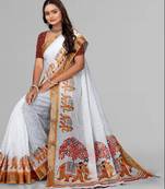 white  linen animal digital print saree (yellow)