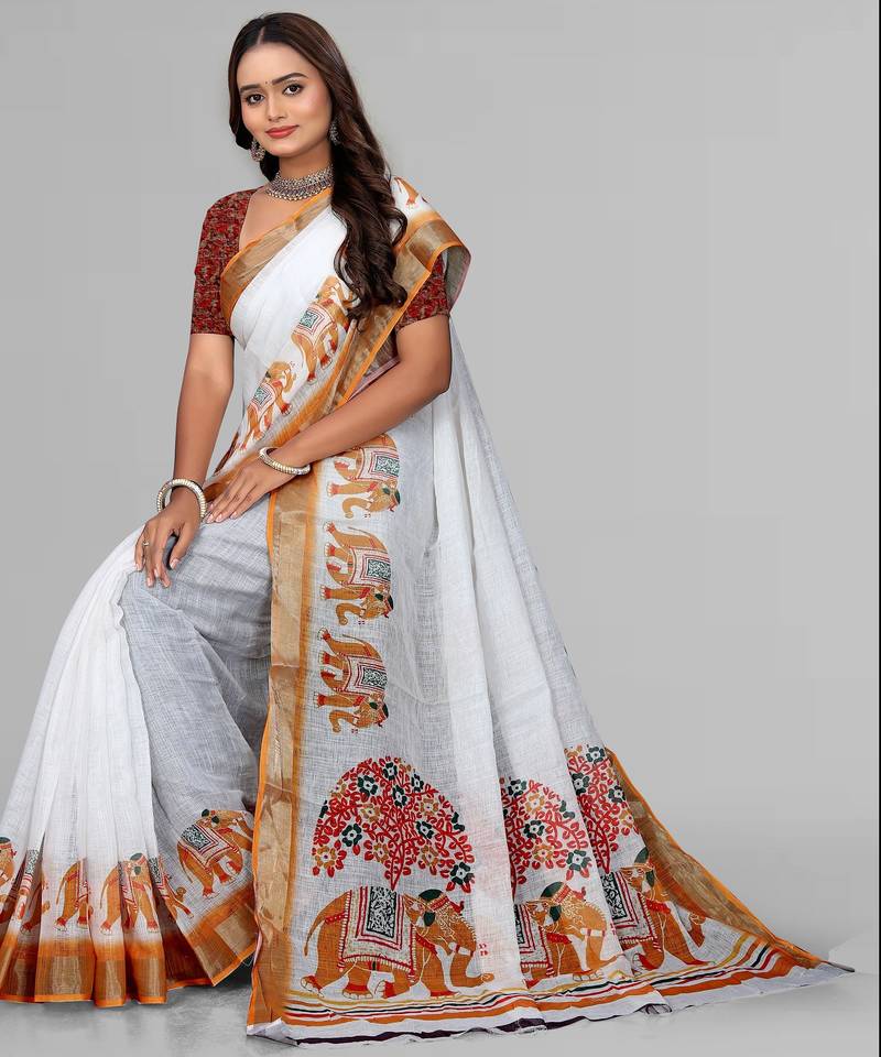 white  linen animal digital print saree (yellow)