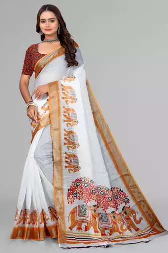 white  linen animal digital print saree (yellow)