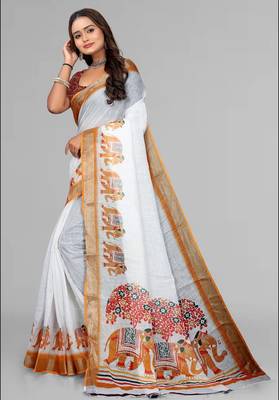 white  linen animal digital print saree (yellow) 4
