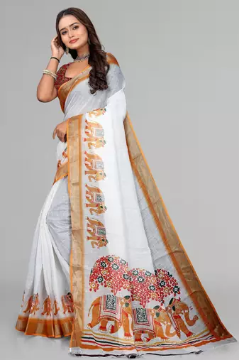 white  linen animal digital print saree (yellow)