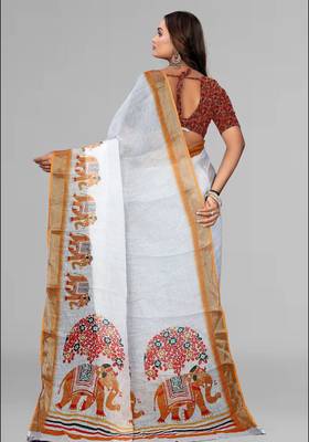 white  linen animal digital print saree (yellow) 5