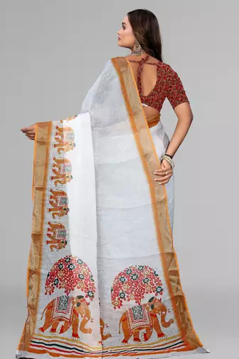 white  linen animal digital print saree (yellow)