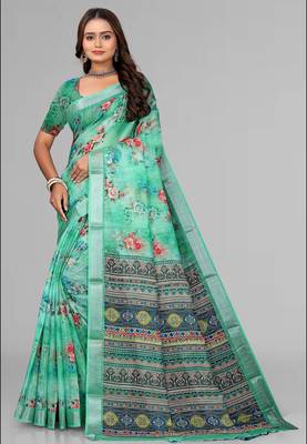 green  linen cotton digital print saree (green) 1