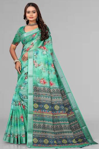 green  linen cotton digital print saree (green)