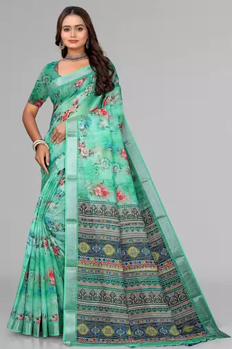 green  linen cotton digital print saree (green)