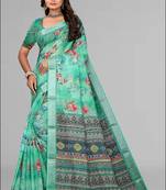 green  linen cotton digital print saree (green)