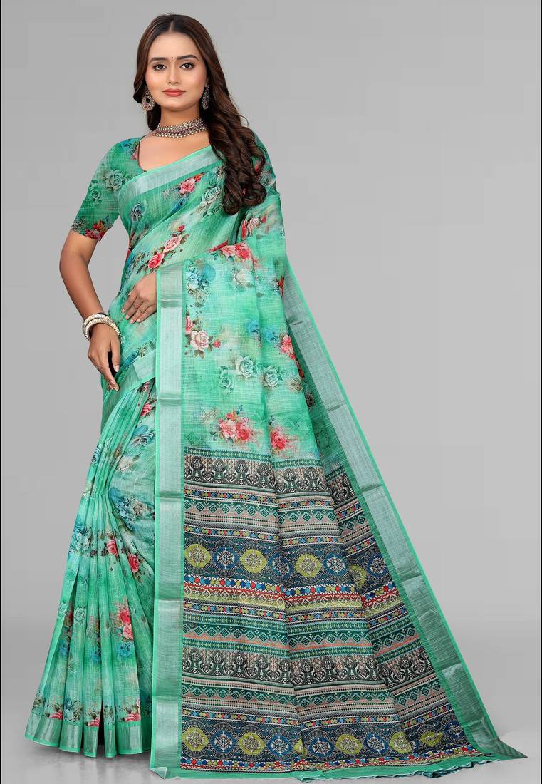green  linen cotton digital print saree (green)