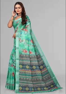 green  linen cotton digital print saree (green) 4