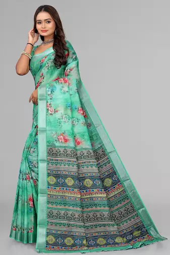 green  linen cotton digital print saree (green)
