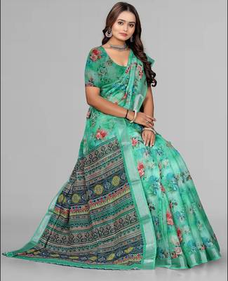 green  linen cotton digital print saree (green) 5
