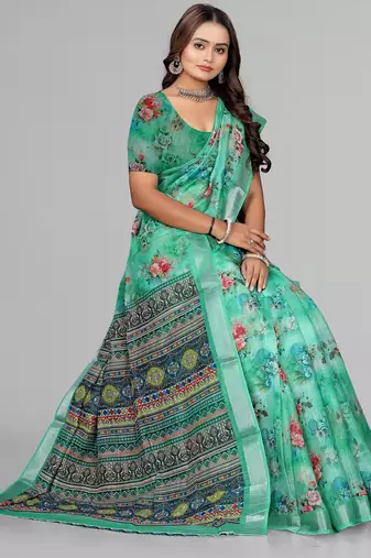 green  linen cotton digital print saree (green)
