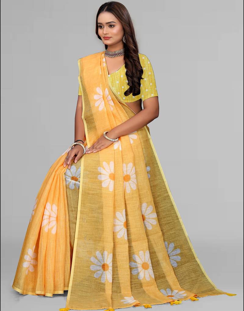 yellow yellow digital print saree