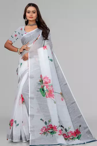 white  linen  digital print saree (white)