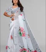 white  linen  digital print saree (white)