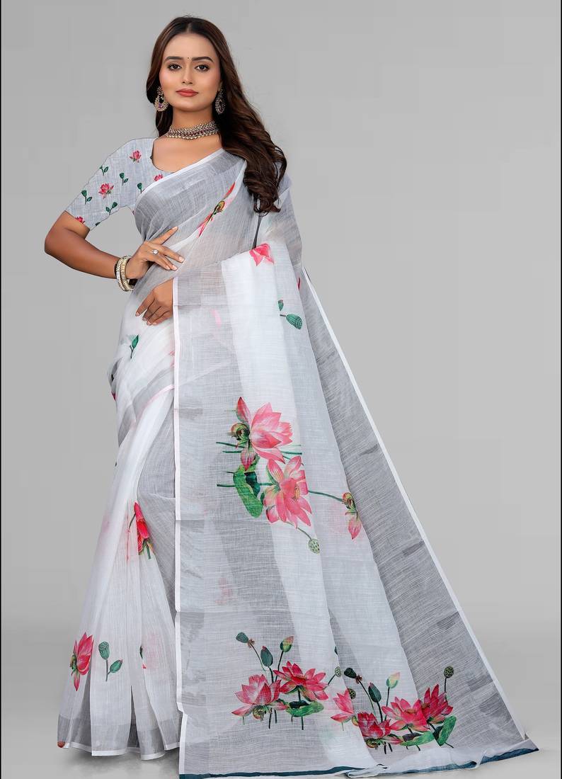 white  linen  digital print saree (white)