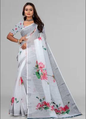 white  linen  digital print saree (white) 2