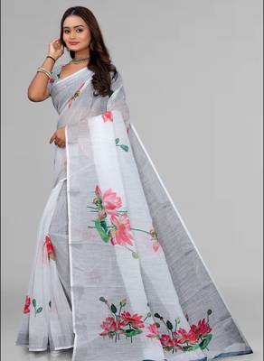 white  linen  digital print saree (white) 3