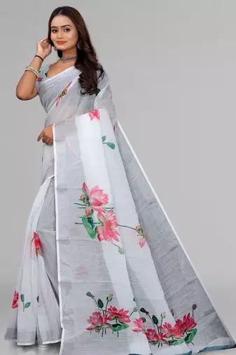 white  linen  digital print saree (white)