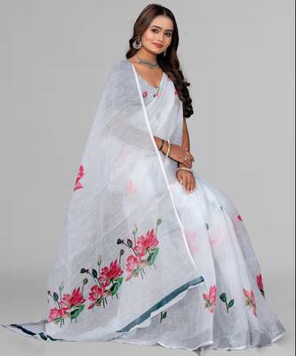 white  linen  digital print saree (white) 4