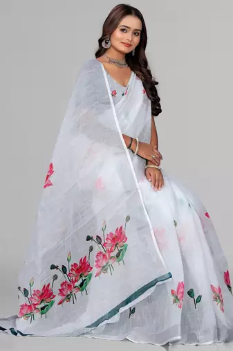 white  linen  digital print saree (white)