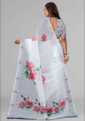 white  linen  digital print saree (white) 5