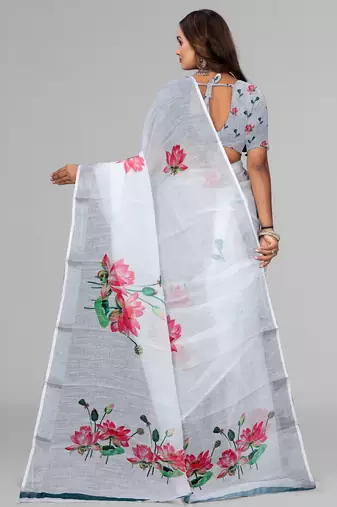 white  linen  digital print saree (white)