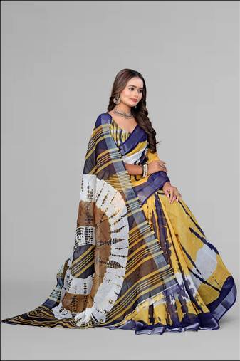 mustard linen  digital print saree (mustard)