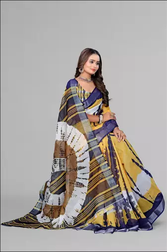 mustard linen  digital print saree (mustard)