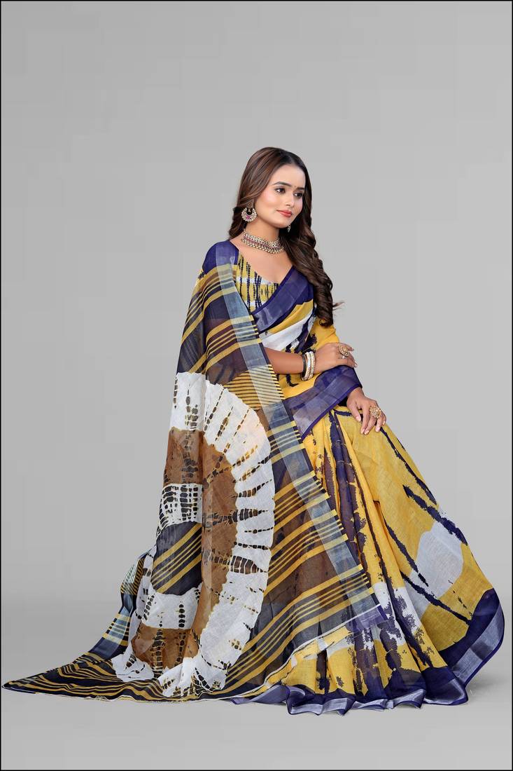 mustard linen  digital print saree (mustard)