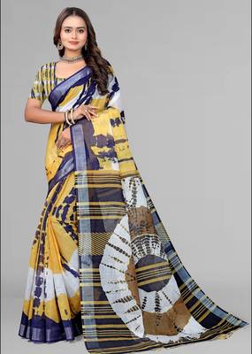 mustard linen  digital print saree (mustard) 3