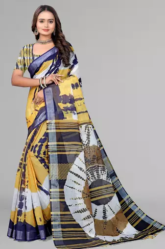 mustard linen  digital print saree (mustard)