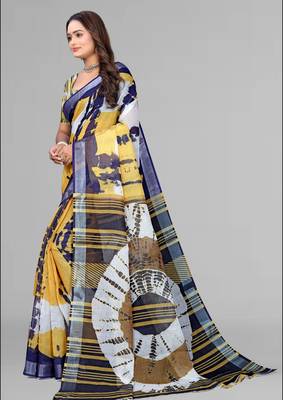 mustard linen  digital print saree (mustard) 4