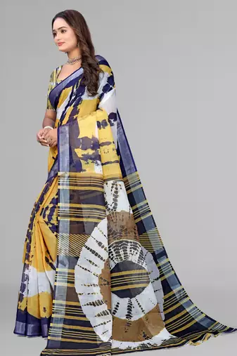mustard linen  digital print saree (mustard)