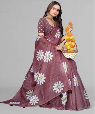 brown floral linen cotton digital print saree (brown) 1