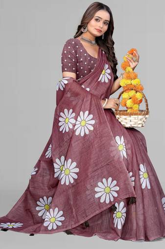 brown floral linen cotton digital print saree (brown)