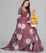 brown floral linen cotton digital print saree (brown)