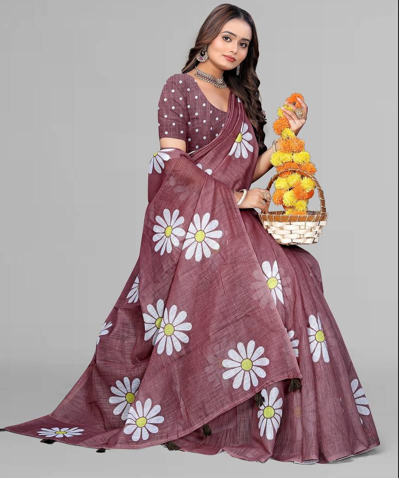 brown floral linen cotton digital print saree (brown)