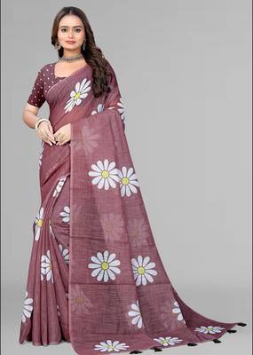 brown floral linen cotton digital print saree (brown) 3
