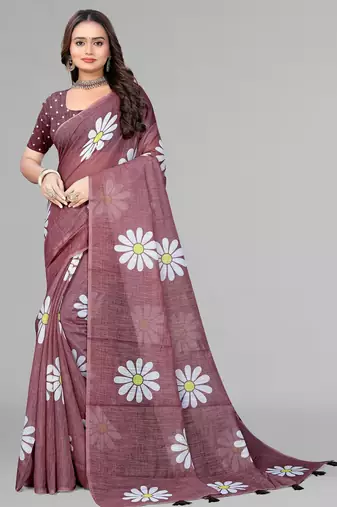 brown floral linen cotton digital print saree (brown)