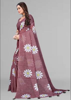 brown floral linen cotton digital print saree (brown) 4