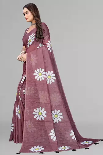 brown floral linen cotton digital print saree (brown)